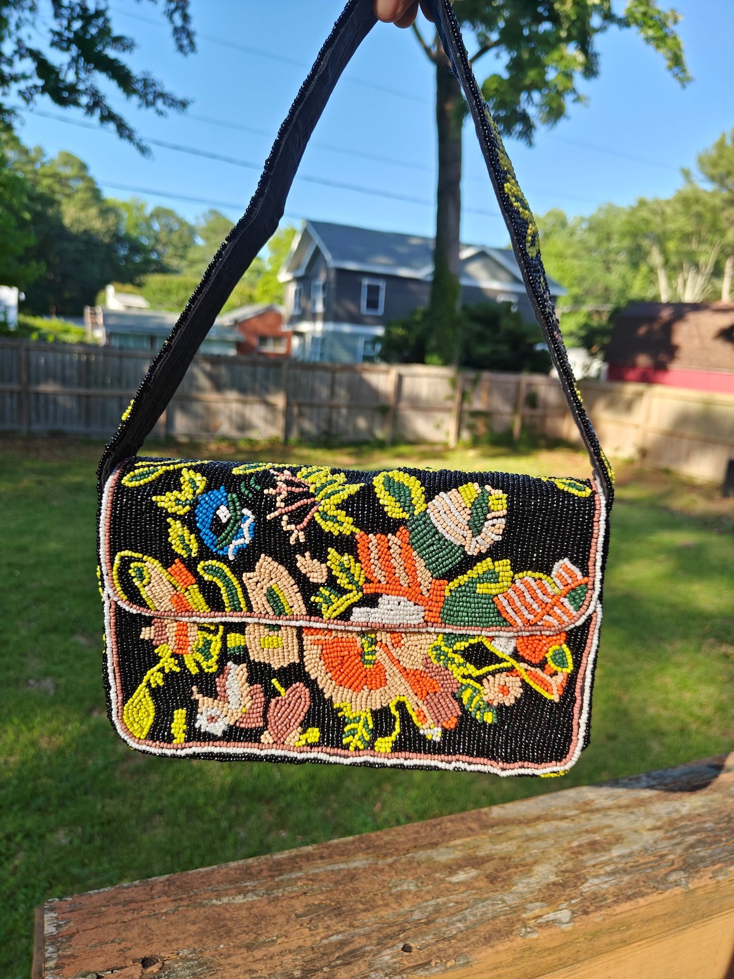 Midnight Garden Beaded Bag Women's Colorful Floral & Bird Motif on Black Background Maximalist Bohemian Folk Art Style Shoulder Bag