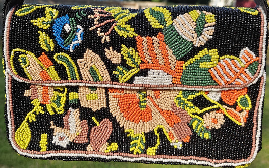 Midnight Garden Beaded Bag Women's Colorful Floral & Bird Motif on Black Background Maximalist Bohemian Folk Art Style Shoulder Bag