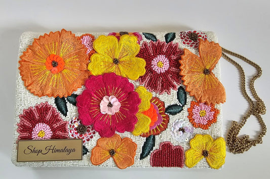 Floral Bloom Hand-Beaded Clutch, Artisan Embroidered Evening Bag
