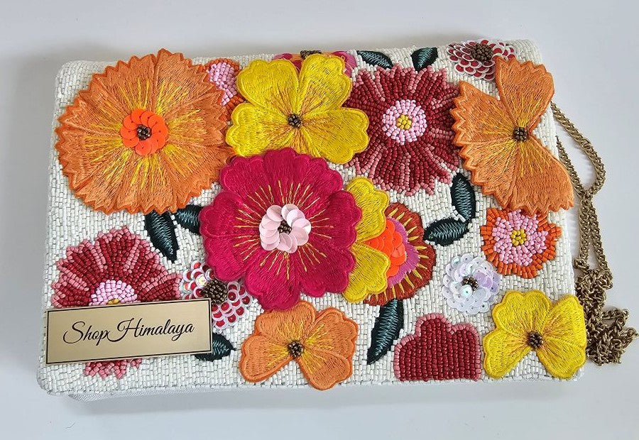 Floral Bloom Hand-Beaded Clutch, Artisan Embroidered Evening Bag
