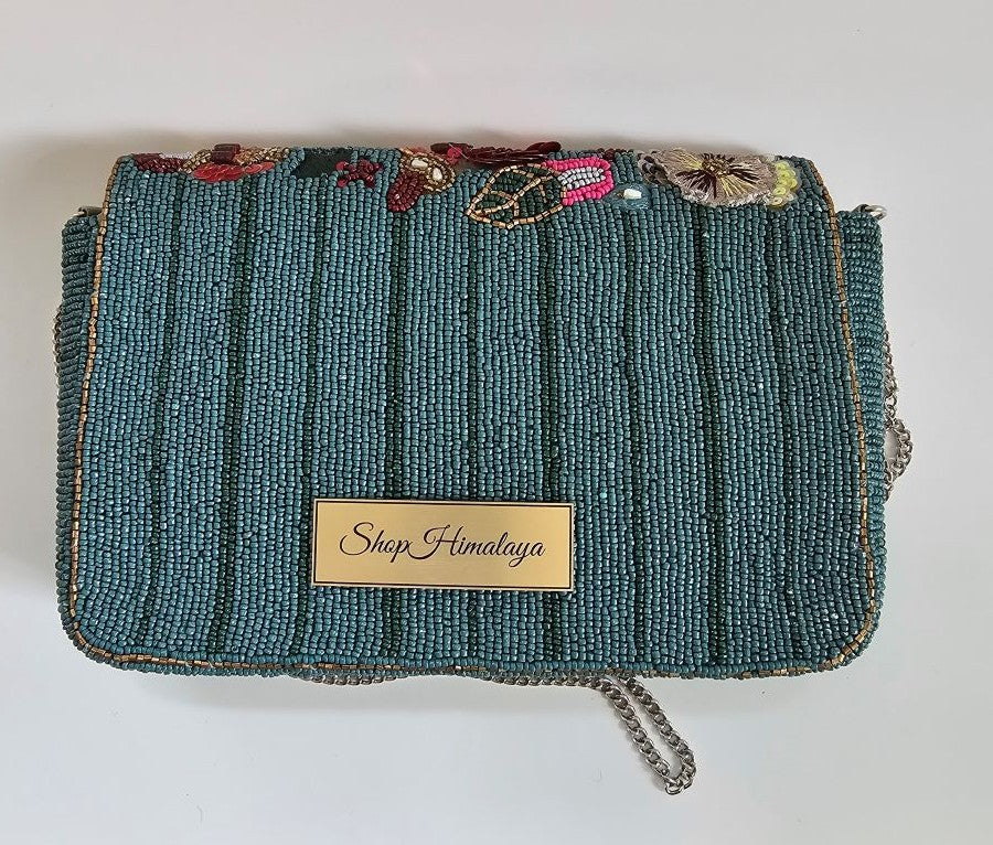 Handcrafted Shoulder Bag with Silver Chain, Luxe Teal & Ruby Beaded Purse, Boho Luxe Embroidered shoulder Bag, Colorful Sequin & Bead Clutch Purse