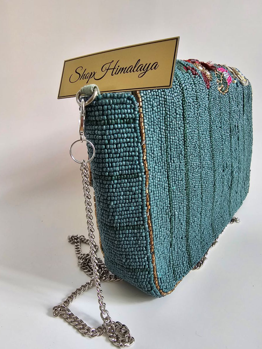 Handcrafted Shoulder Bag with Silver Chain, Luxe Teal & Ruby Beaded Purse, Boho Luxe Embroidered shoulder Bag, Colorful Sequin & Bead Clutch Purse