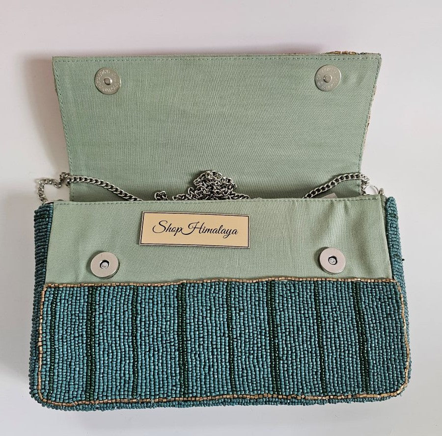 Handcrafted Shoulder Bag with Silver Chain, Luxe Teal & Ruby Beaded Purse, Boho Luxe Embroidered shoulder Bag, Colorful Sequin & Bead Clutch Purse