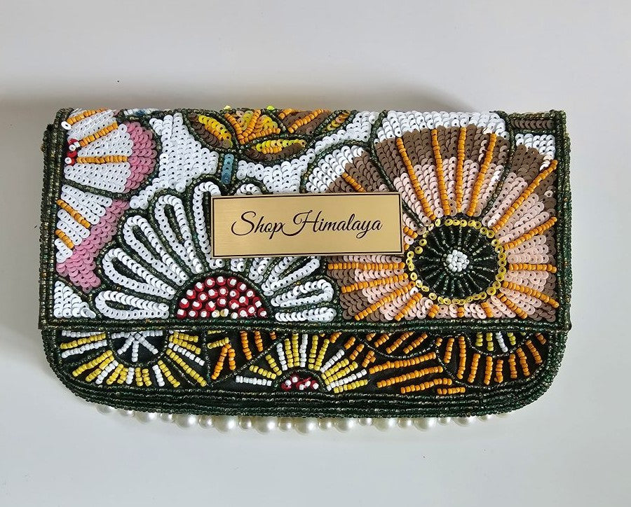 Art Deco Sequin & Pearl Clutch, Velvet-Lined Beaded Evening Bag, Statement Clutch with Pearl Fringe, Vintage-Inspired Beaded Purse