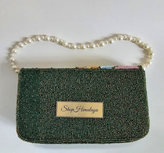 Elegant Floral Sequin Clutch with Pearl Handle Handmade Beaded Evening Bag for Weddings & Formal Events