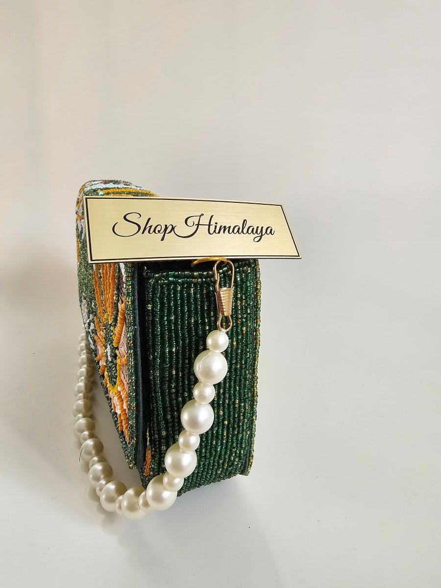 Art Deco Sequin & Pearl Clutch, Velvet-Lined Beaded Evening Bag, Statement Clutch with Pearl Fringe, Vintage-Inspired Beaded Purse