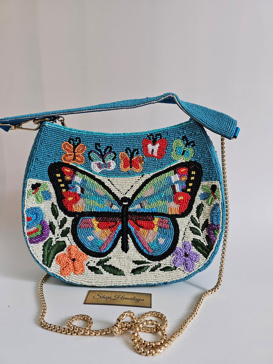 Butterfly Garden Beaded Bag - 100% Hand-Beaded , Nature-Inspired Design, Detachable Shoulder Strap & Gold-Tone Chain, Secure Top Zipper Closure