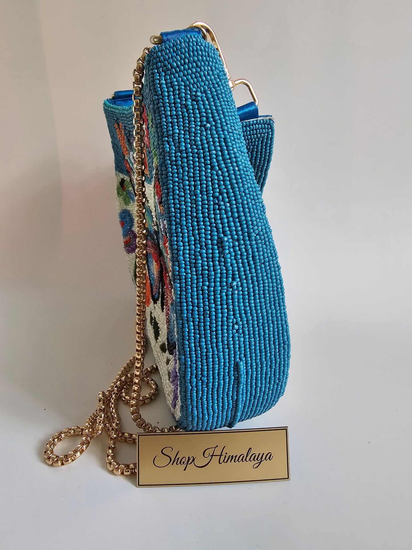 Butterfly Garden Beaded Bag - 100% Hand-Beaded , Nature-Inspired Design, Detachable Shoulder Strap & Gold-Tone Chain, Secure Top Zipper Closure