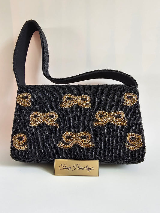 Black and Gold Evening Purse for Wedding Guest, Cocktail Party | Retro Art Deco Seed Bead Clutch | Coquette Glam Handbag