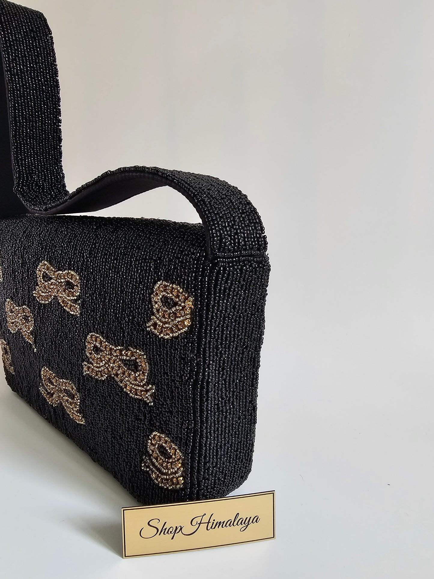 Black and Gold Evening Purse for Wedding Guest, Cocktail Party | Retro Art Deco Seed Bead Clutch | Coquette Glam Handbag