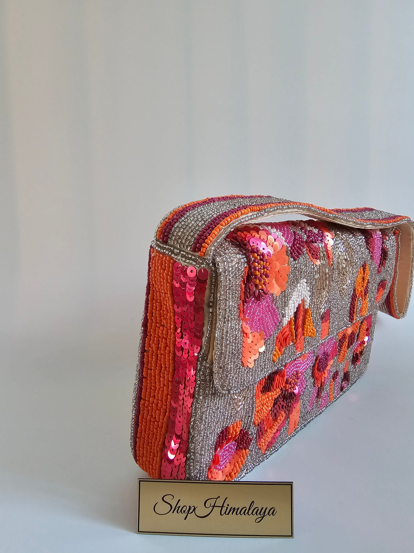 Artisanal Floral Beaded Handbag - Vibrant Evening Bag, Pink & Coral Flower Evening Purse, Boho Chic Artisanal Clutch, Beige Seed Bead Clutch with Flowers