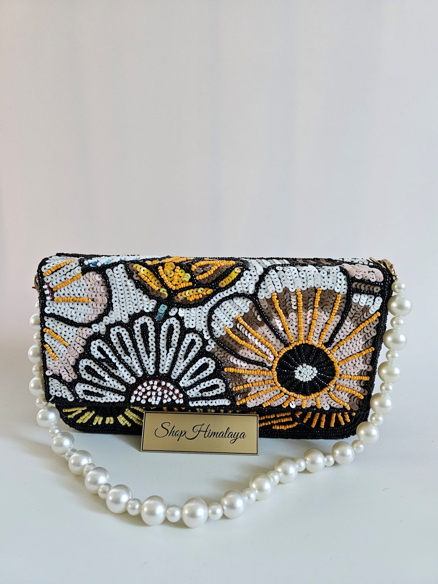 Elegant Floral Sequin Clutch with Pearl Handle Handmade Beaded Evening Bag for Weddings & Formal Events