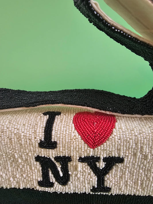 I Love NY Bag, New York Purse, Beaded Handbag, Top Handle Bag, Beaded Bag, City Purse, Statement Handbag