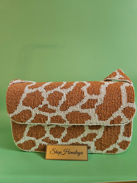 Giraffe Print Bag, Animal Print Purse, Beaded Crossbody, Seed Bead Bag, Safari Bag, Statement Purse, Brown and White Bag, Caramel Beaded Purse, Earth Tone Handbag,