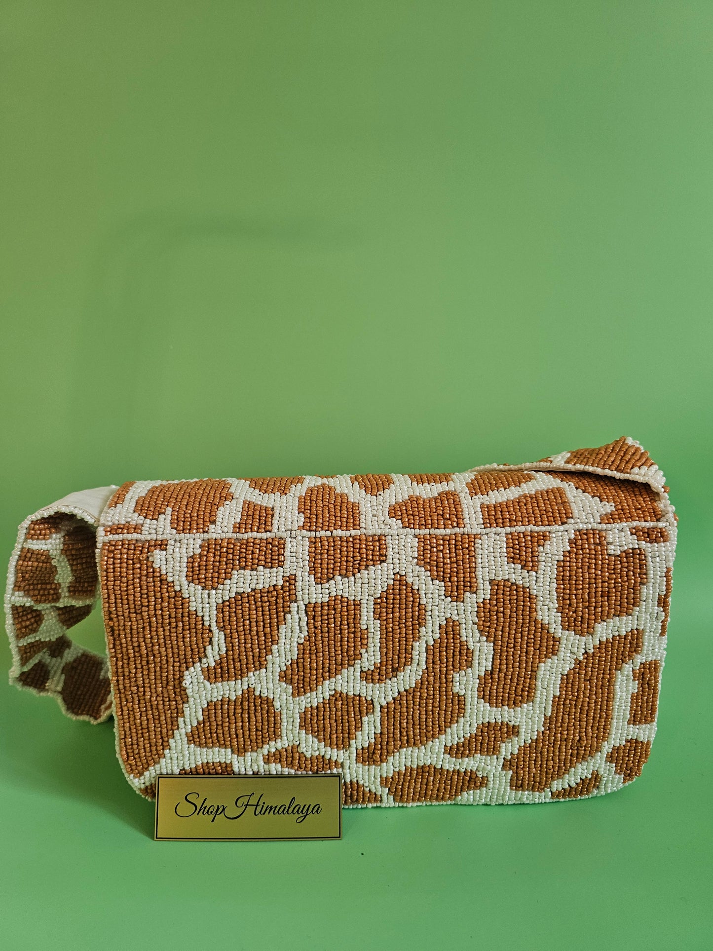 Giraffe Print Bag, Animal Print Purse, Beaded Crossbody, Seed Bead Bag, Safari Bag, Statement Purse, Brown and White Bag, Caramel Beaded Purse, Earth Tone Handbag,