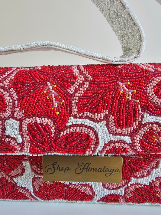Handmade Beaded Red Hibiscus Clutch, Artisan Floral Shoulder Bag, Cotton Lined Evening Purse
