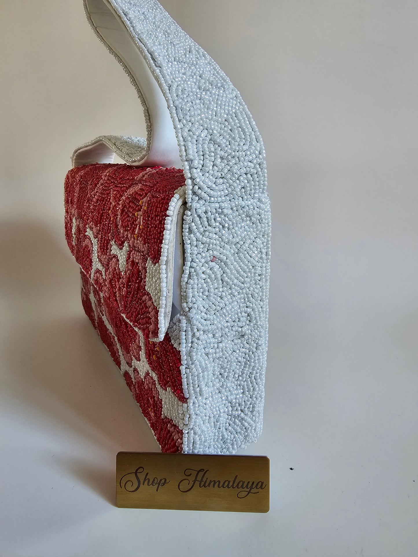 Handmade Beaded Red Hibiscus Clutch, Artisan Floral Shoulder Bag, Cotton Lined Evening Purse
