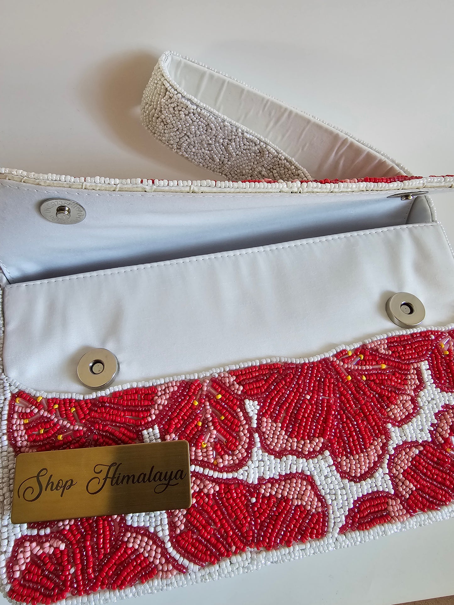 Handmade Beaded Red Hibiscus Clutch, Artisan Floral Shoulder Bag, Cotton Lined Evening Purse