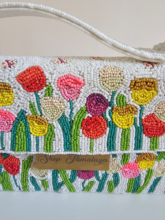 Handmade Beaded Floral Clutch, White Tulip Shoulder Bag, Artisan Beaded Floral Bag, Unique Beaded Floral Bag