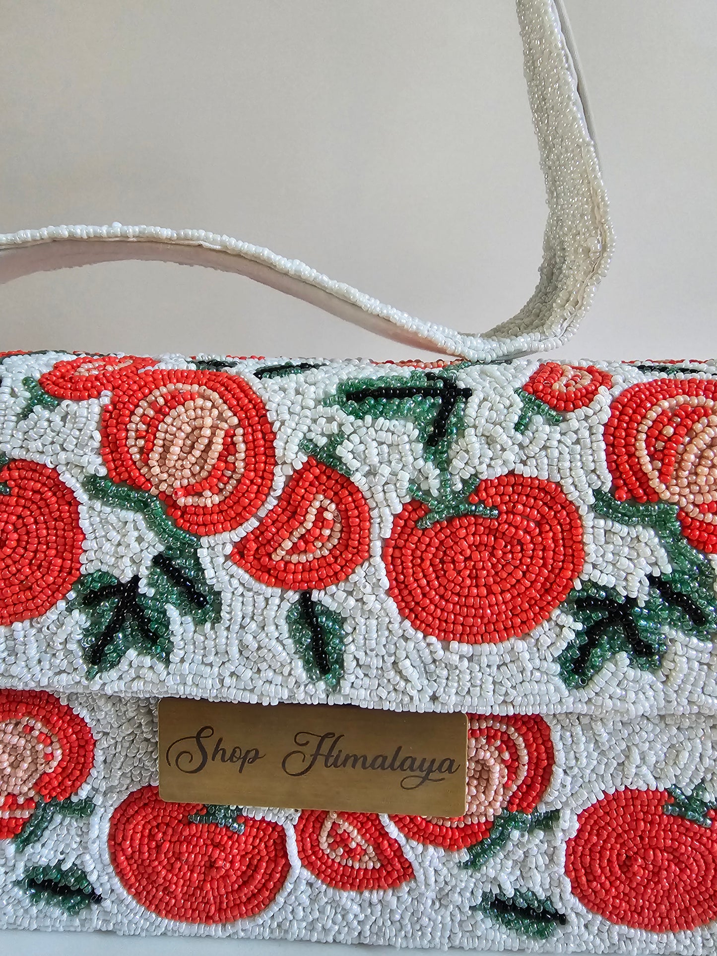 Artisan Beaded Tomato Bag, Whimsical Floral Clutch, Red and white beaded bag, Fruit pattern handbag