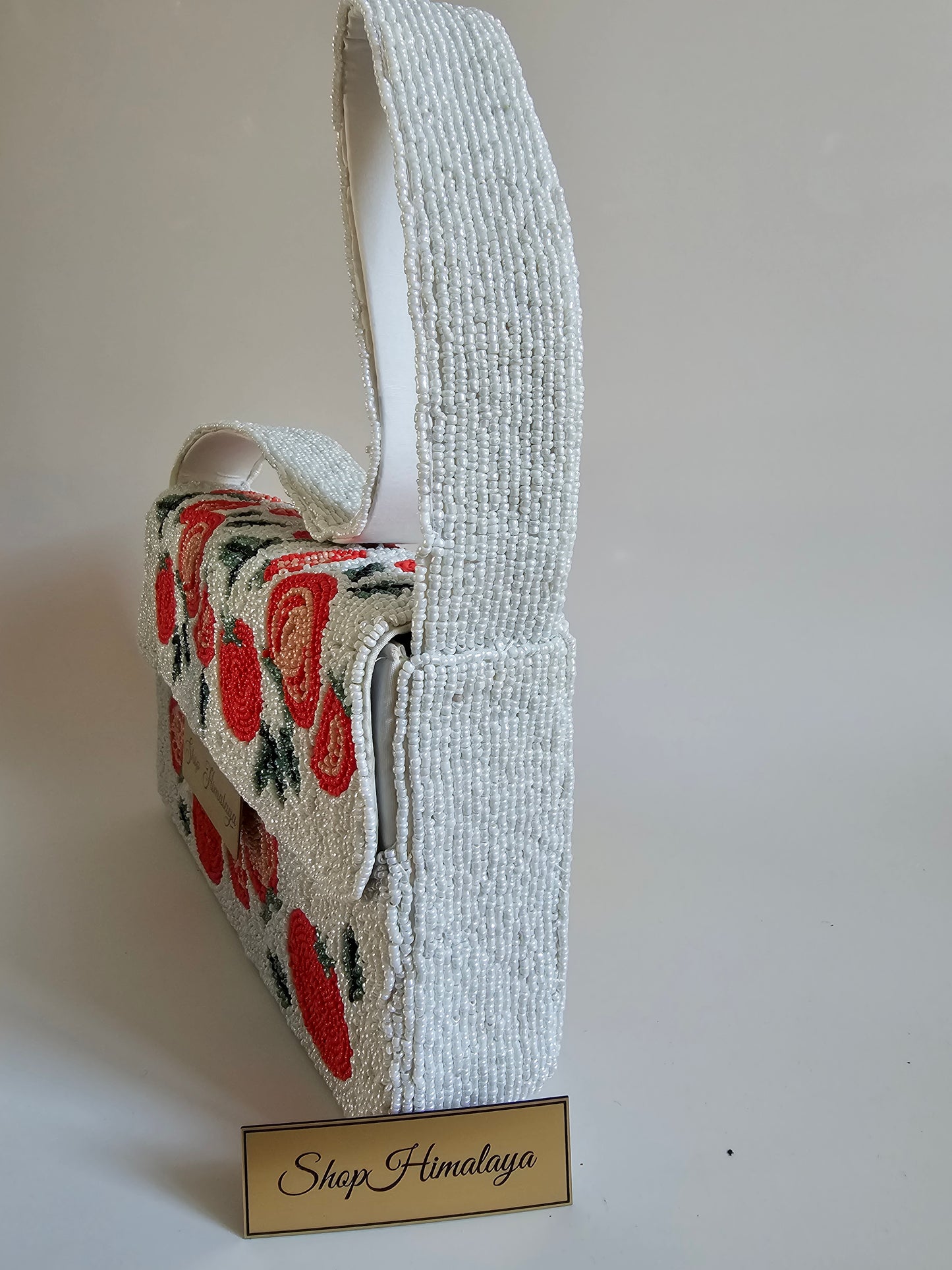 Artisan Beaded Tomato Bag, Whimsical Floral Clutch, Red and white beaded bag, Fruit pattern handbag