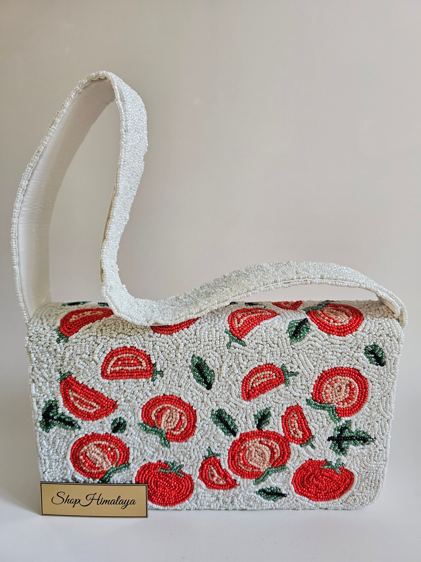 Artisan Beaded Tomato Bag, Whimsical Floral Clutch, Red and white beaded bag, Fruit pattern handbag