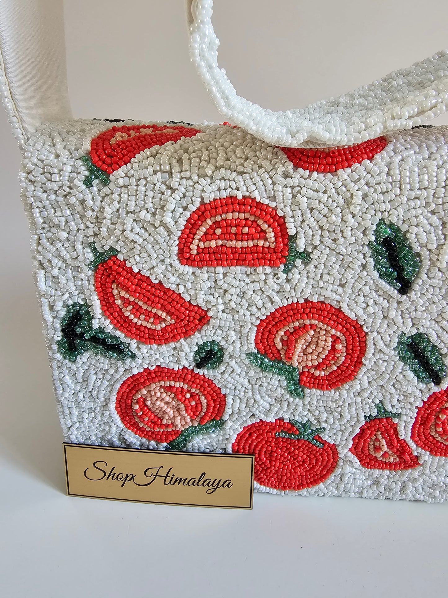 Artisan Beaded Tomato Bag, Whimsical Floral Clutch, Red and white beaded bag, Fruit pattern handbag