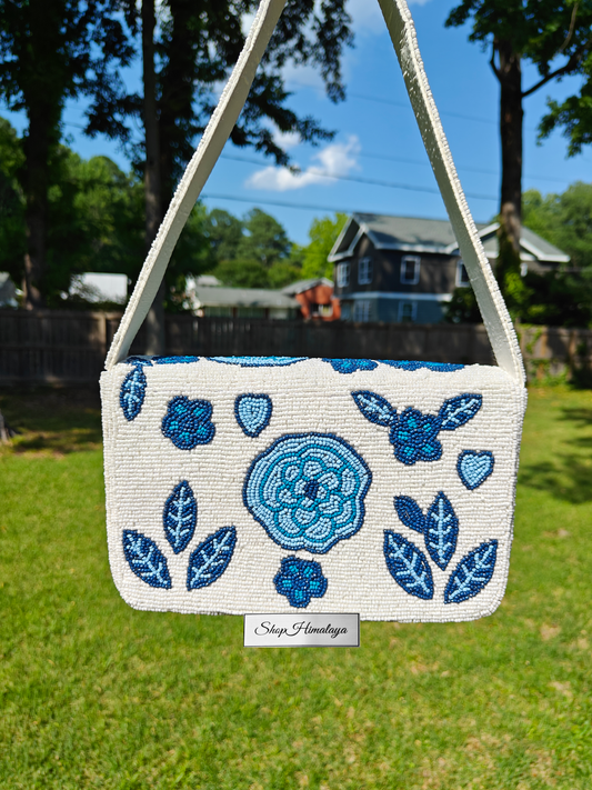 Handmade Beaded Floral Clutch Bag, Blue White Shoulder Purse, Boho Evening Bag, Beaded Bag, Shop Himalaya
