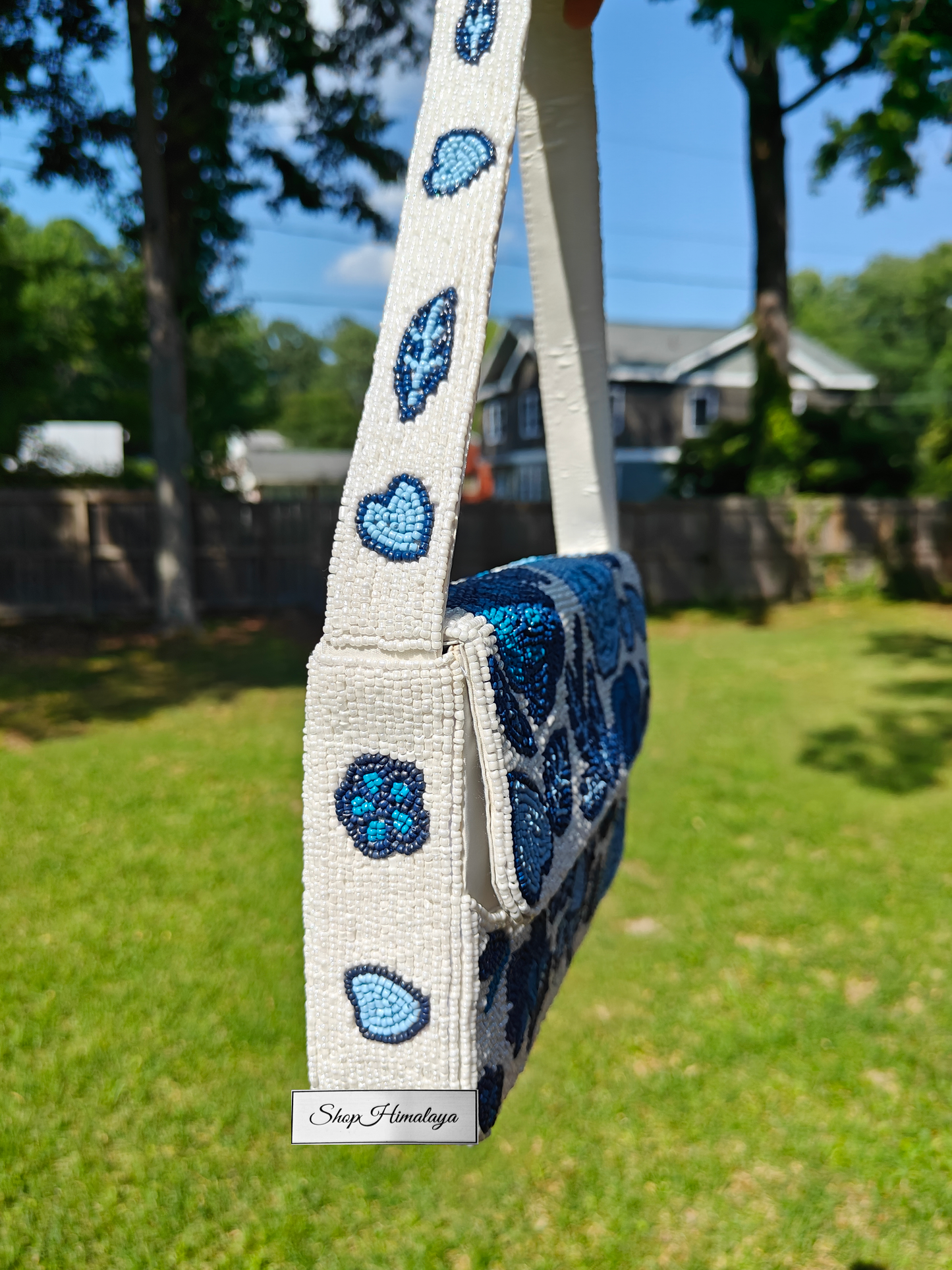 Handmade Beaded Floral Clutch Bag, Blue White Shoulder Purse, Boho Evening Bag, Beaded Bag, Shop Himalaya