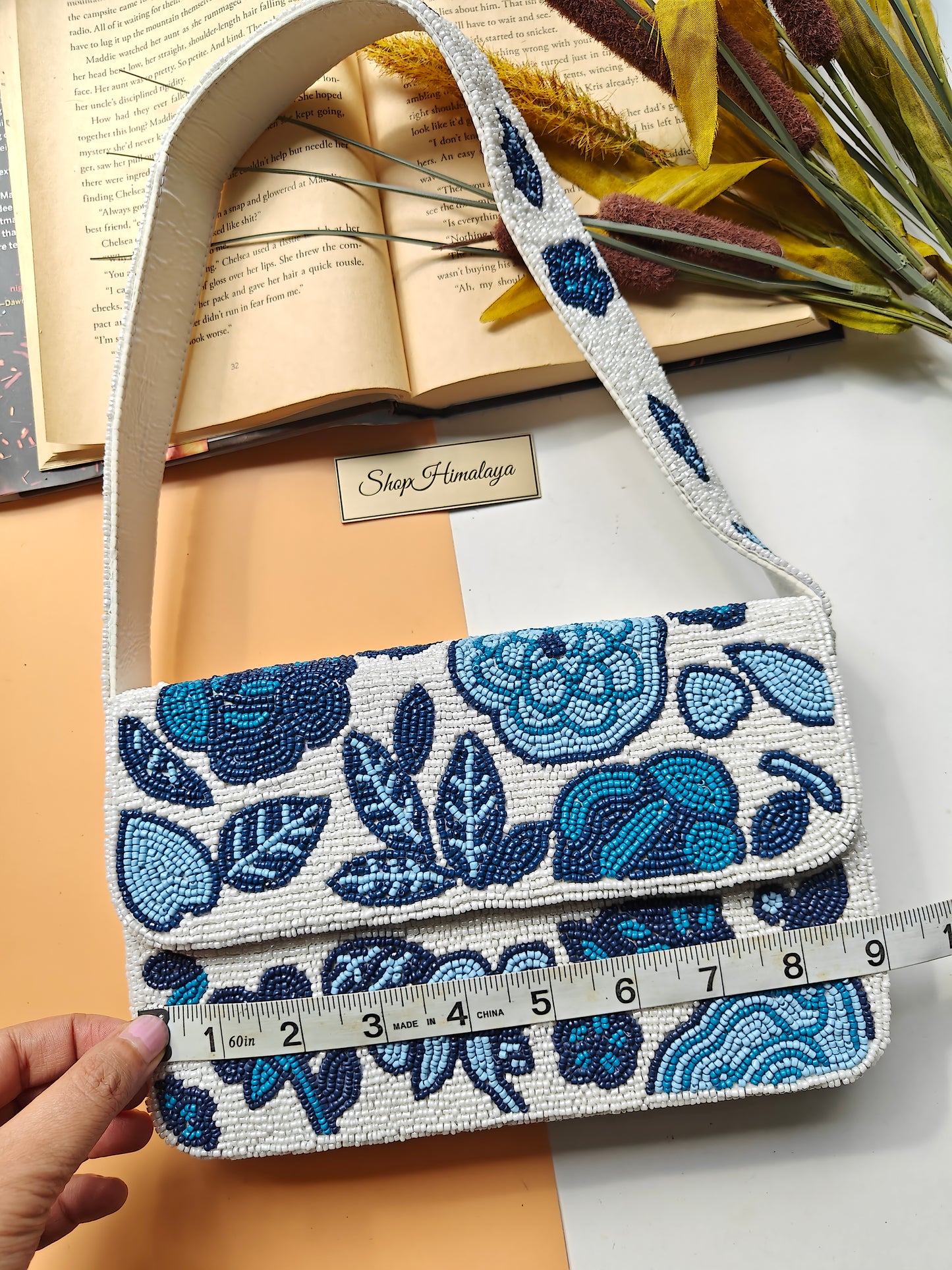 Handmade Beaded Floral Clutch Bag, Blue White Shoulder Purse, Boho Evening Bag, Beaded Bag, Shop Himalaya