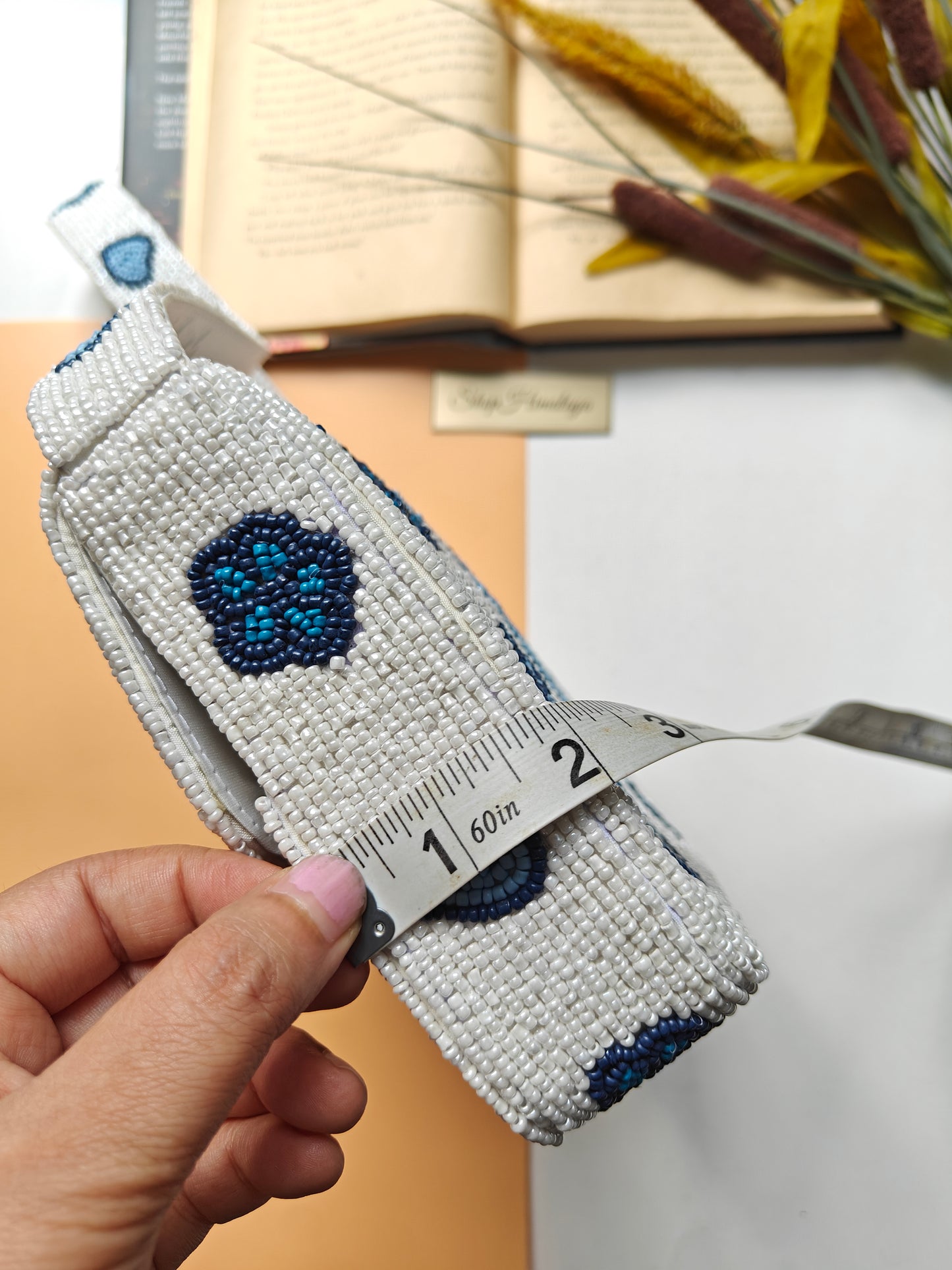 Handmade Beaded Floral Clutch Bag, Blue White Shoulder Purse, Boho Evening Bag, Beaded Bag, Shop Himalaya