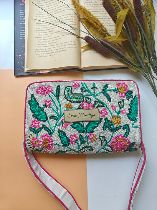 Handmade Floral Beaded Shoulder Bag White Pink Green Purse