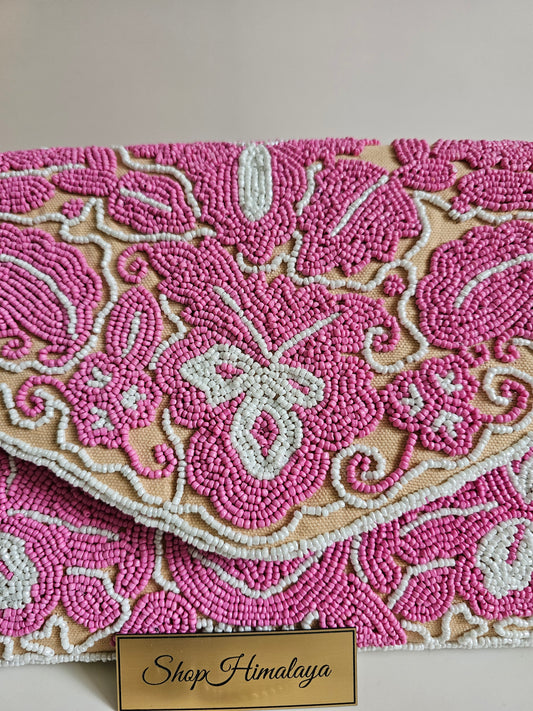 Embroidered Pink & White Clutch Bag, Embroidered evening bag, Floral clutch purse, Women's party bag, Elegant formal clutch