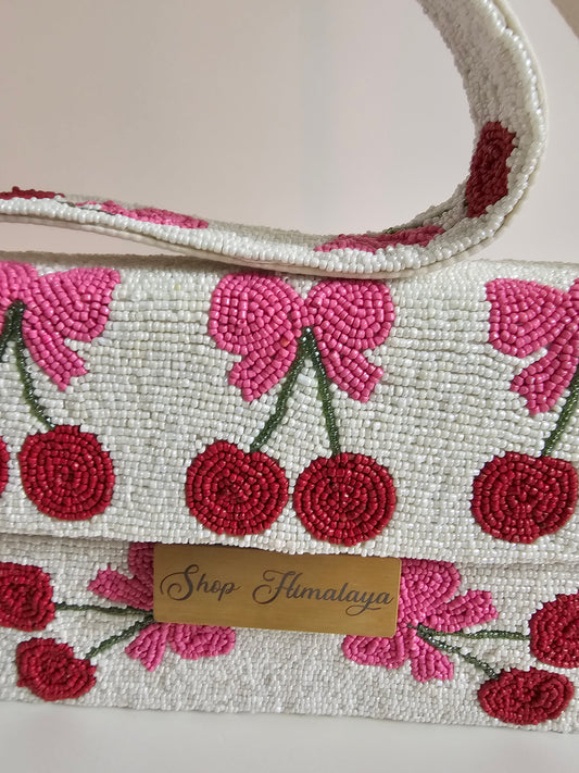 Handmade Cherry Beaded Bag, Pink Bow Shoulder Clutch,Cute pink bow and cherry beaded bag, Artisan beaded cherry bag