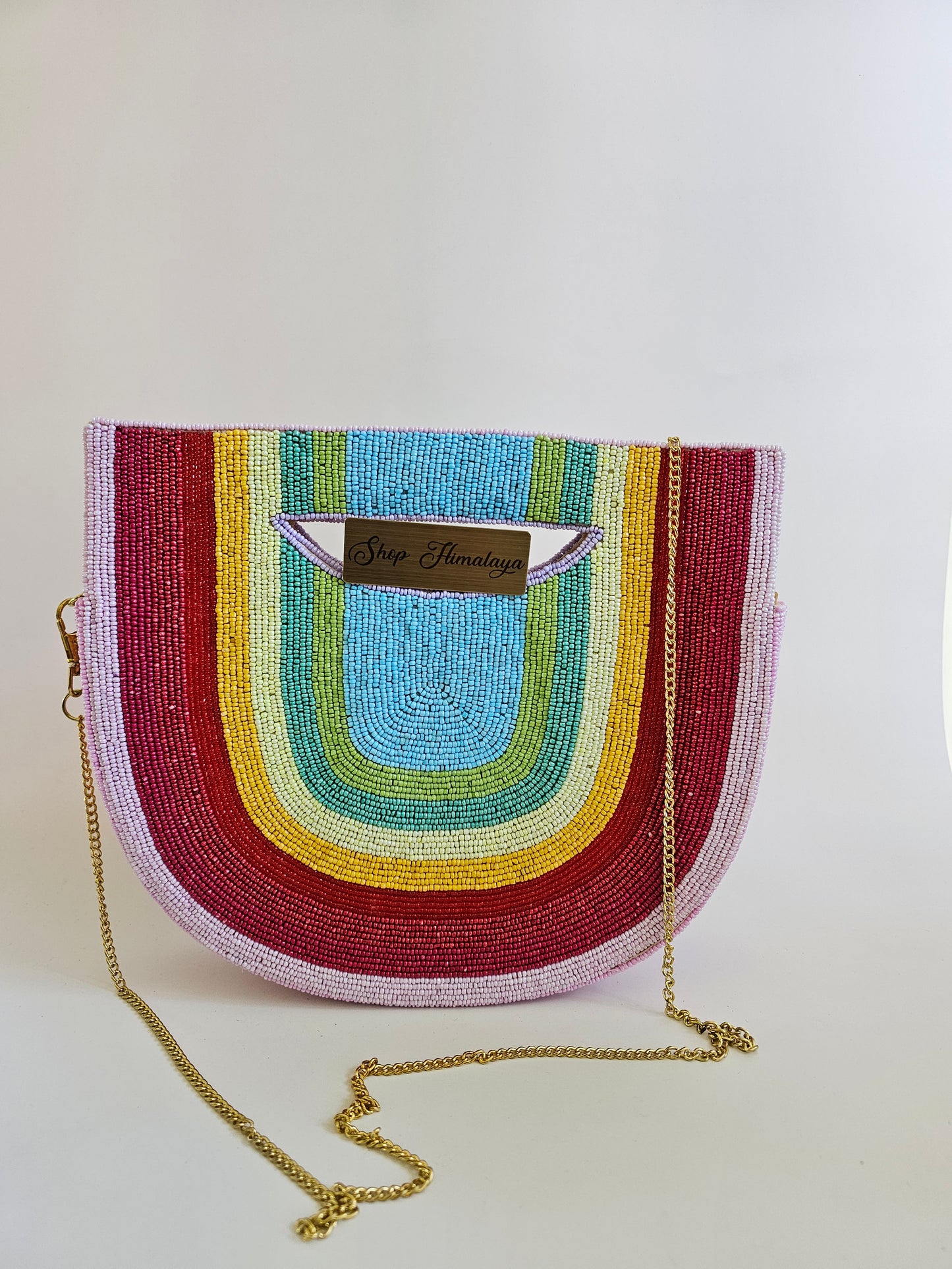 Beaded Crossbody Handbag - Chic & Compact Purse with Chain Strap Rainbow Design