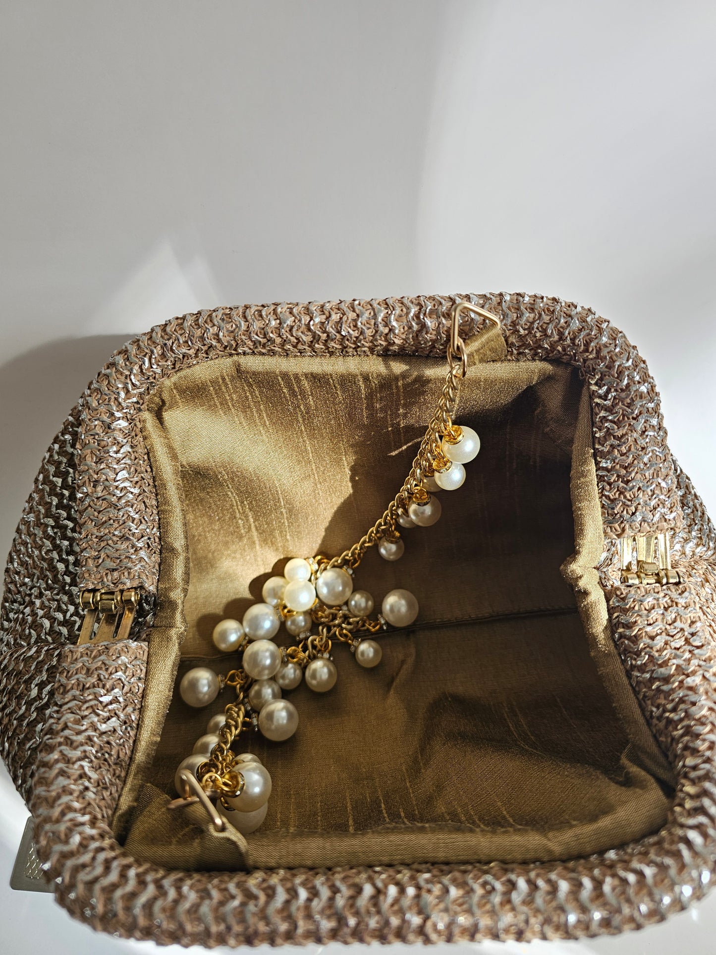 Jute & Jewel Embellished Clutch with Pearl Chain Strap | Handcrafted Shoulder Bag