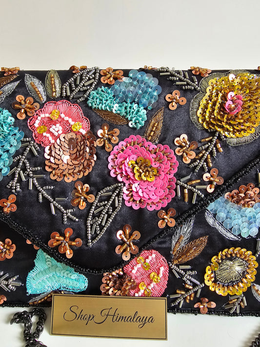 Embroidered Sequin Clutch, Black sequin clutch bag, Embroidered clutch, Beaded evening bag, Floral clutch purse, Embellished handbag, Women's Party bag, Formal clutch, Bridal clutch