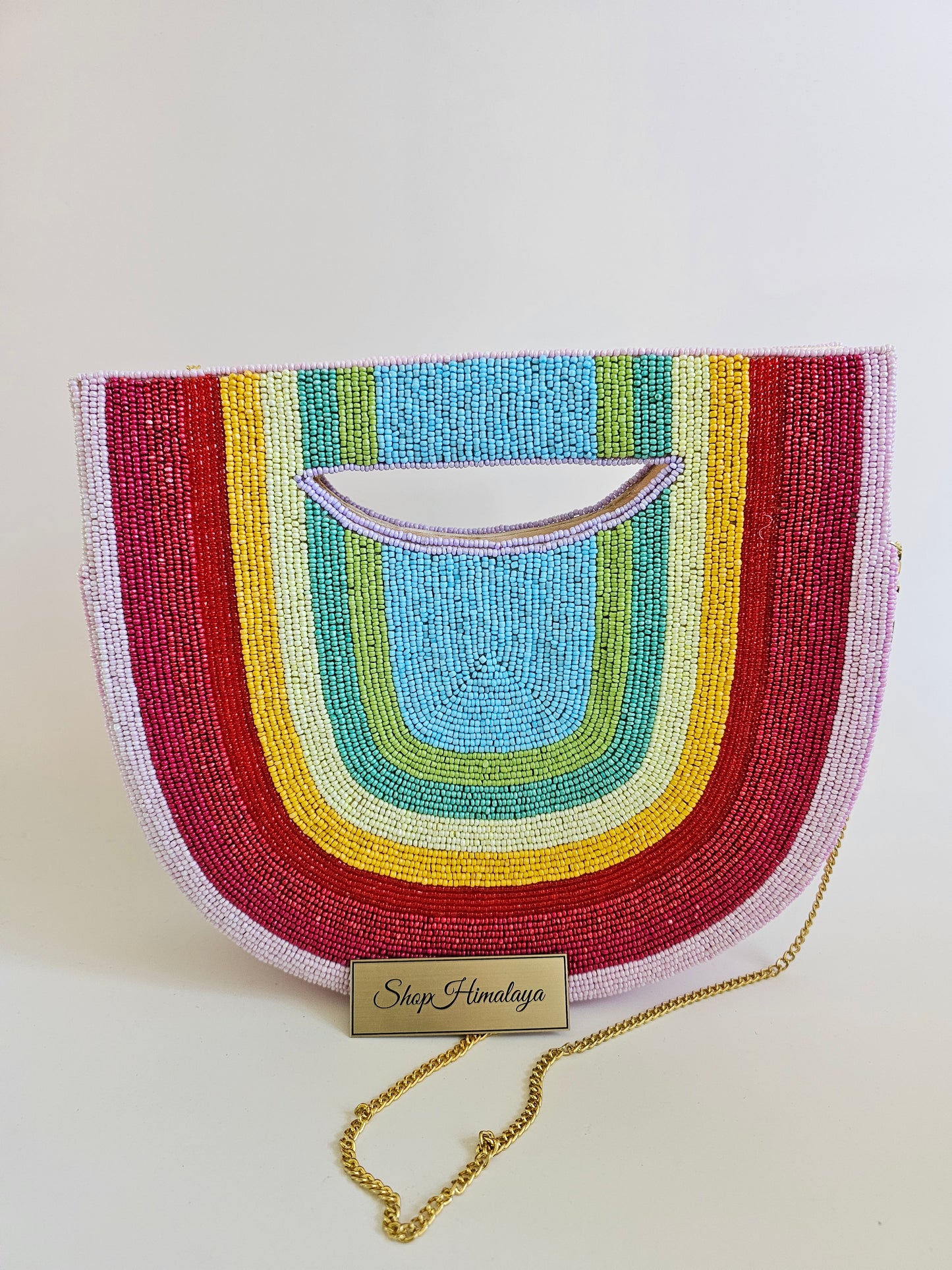 Beaded Crossbody Handbag - Chic & Compact Purse with Chain Strap Rainbow Design