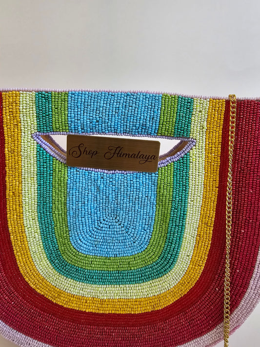 Beaded Crossbody Handbag - Chic & Compact Purse with Chain Strap Rainbow Design