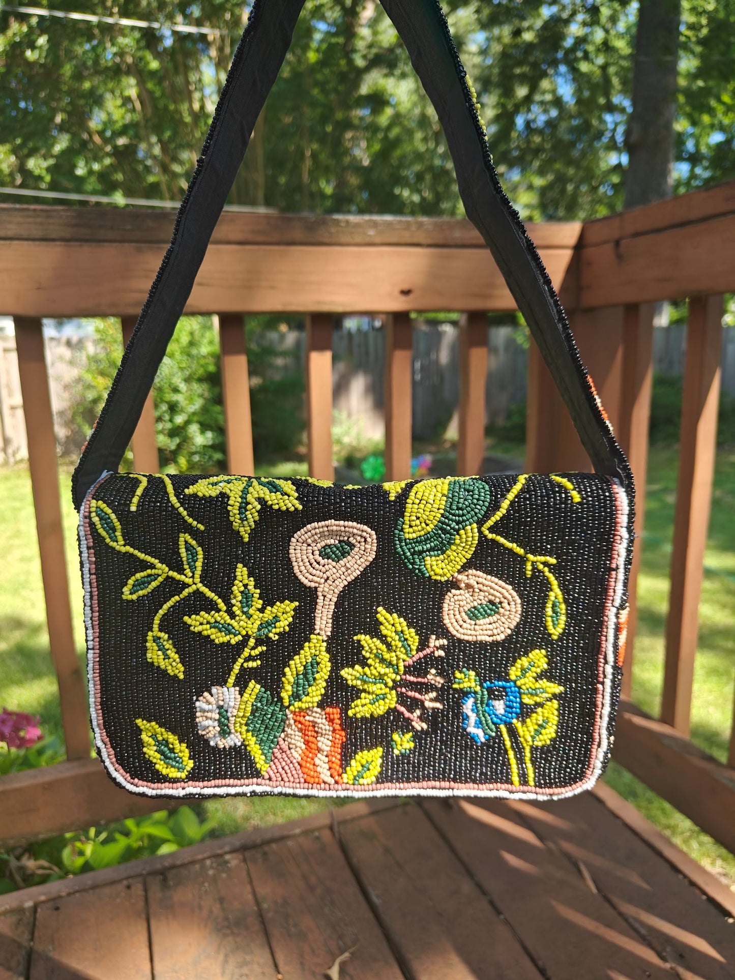 Midnight Garden Beaded Bag Women's Colorful Floral & Bird Motif on Black Background Maximalist Bohemian Folk Art Style Shoulder Bag
