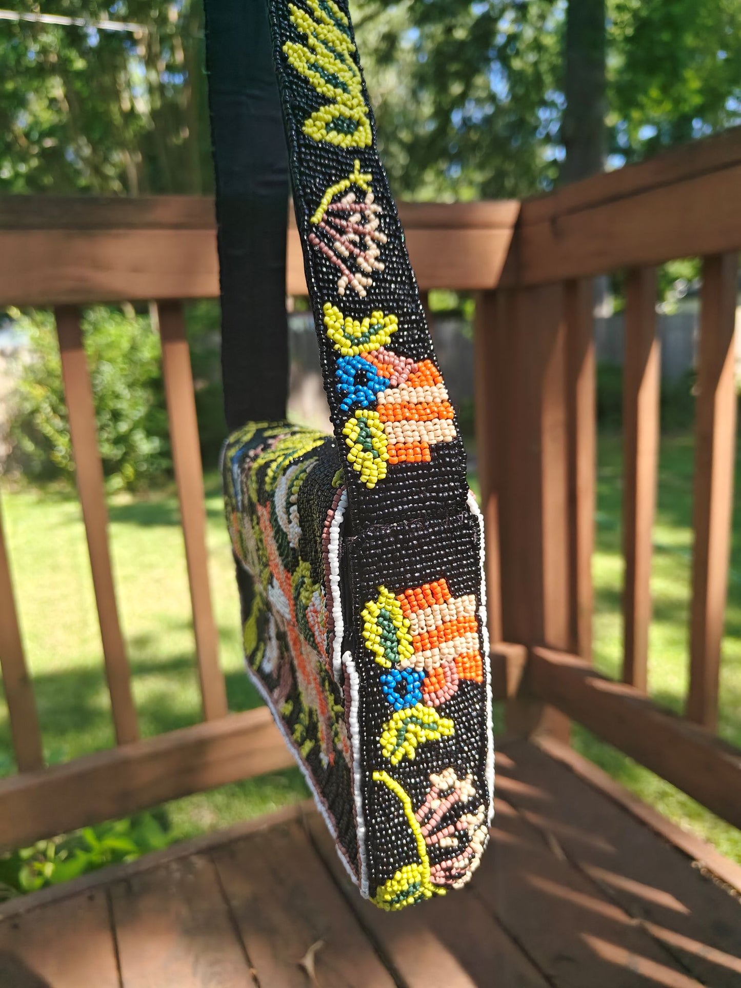 Midnight Garden Beaded Bag Women's Colorful Floral & Bird Motif on Black Background Maximalist Bohemian Folk Art Style Shoulder Bag