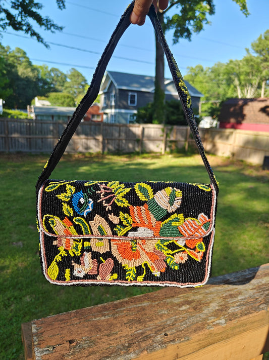 Midnight Garden Beaded Bag Women's Colorful Floral & Bird Motif on Black Background Maximalist Bohemian Folk Art Style Shoulder Bag