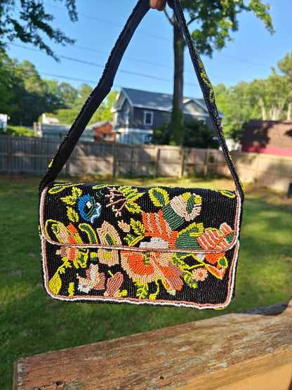 Midnight Garden Beaded Bag Women's Colorful Floral & Bird Motif on Black Background Maximalist Bohemian Folk Art Style Shoulder Bag