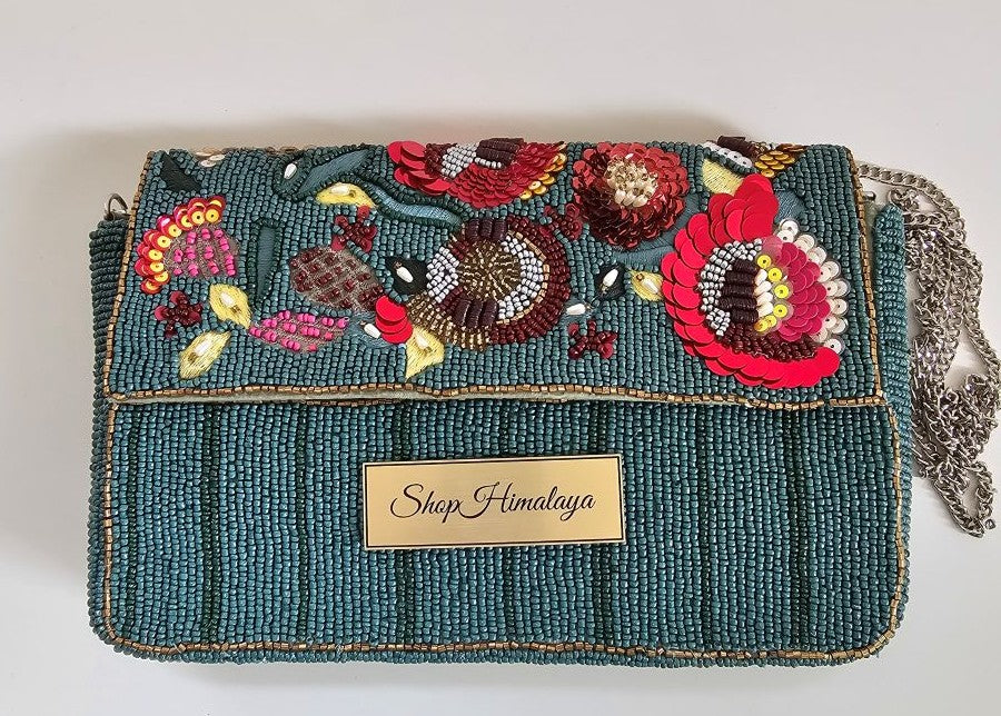 Handcrafted Shoulder Bag with Silver Chain, Luxe Teal & Ruby Beaded Purse, Boho Luxe Embroidered shoulder Bag, Colorful Sequin & Bead Clutch Purse