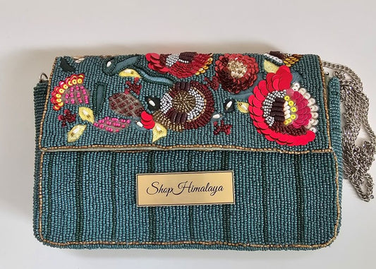 Handcrafted Shoulder Bag with Silver Chain, Luxe Teal & Ruby Beaded Purse, Boho Luxe Embroidered shoulder Bag, Colorful Sequin & Bead Clutch Purse