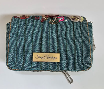 Handcrafted Shoulder Bag with Silver Chain, Luxe Teal & Ruby Beaded Purse, Boho Luxe Embroidered shoulder Bag, Colorful Sequin & Bead Clutch Purse