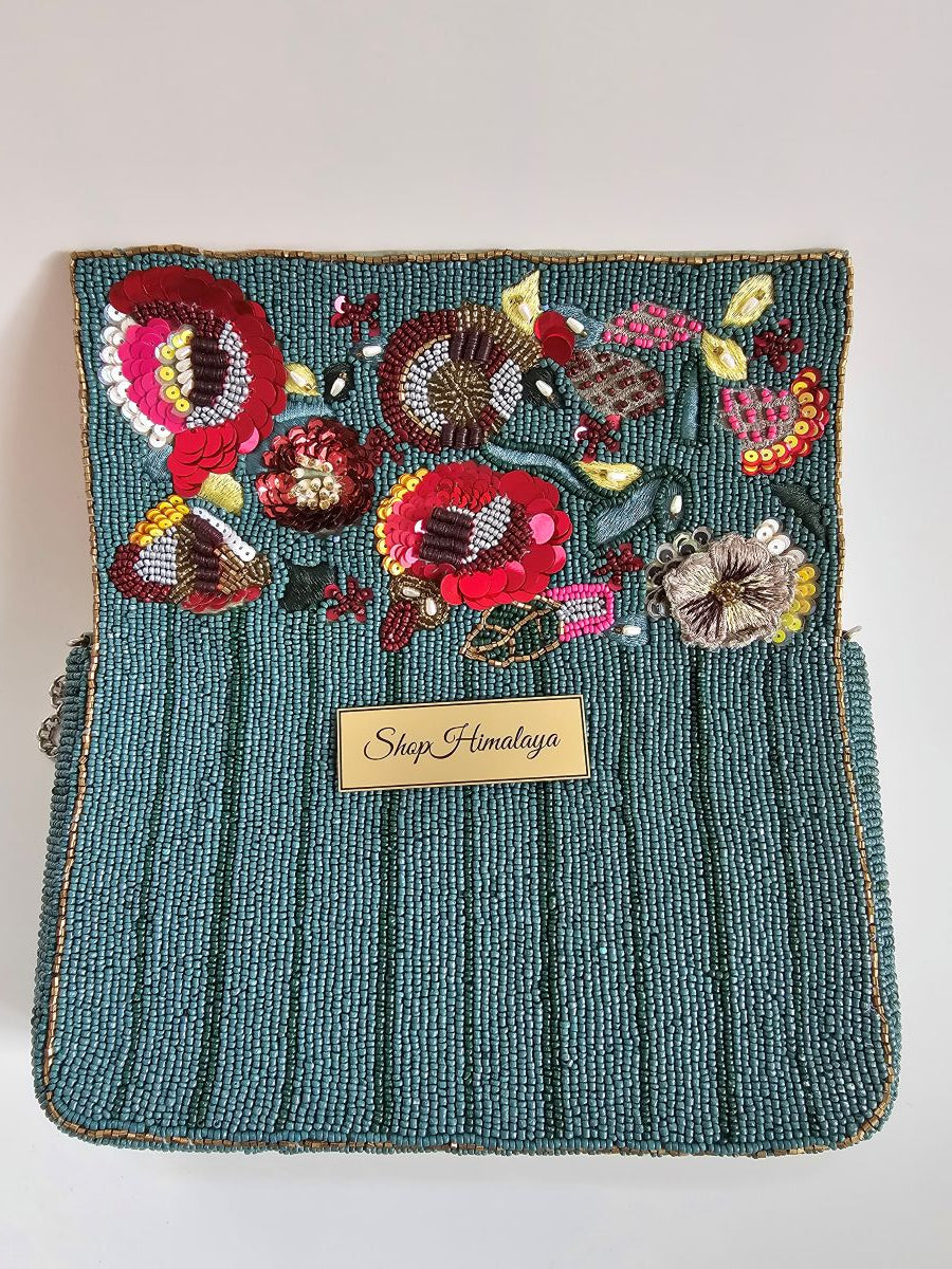 Handcrafted Shoulder Bag with Silver Chain, Luxe Teal & Ruby Beaded Purse, Boho Luxe Embroidered shoulder Bag, Colorful Sequin & Bead Clutch Purse