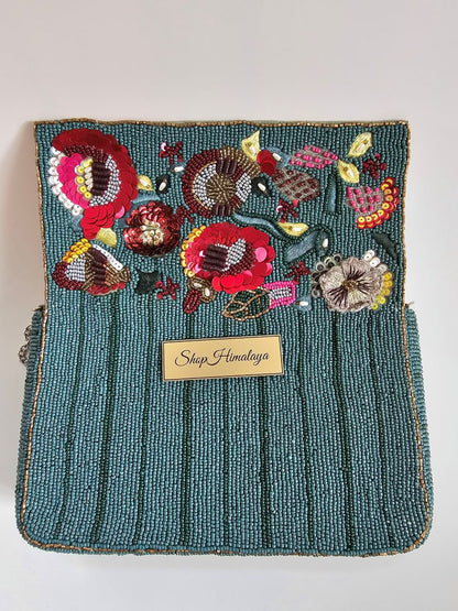 Handcrafted Shoulder Bag with Silver Chain, Luxe Teal & Ruby Beaded Purse, Boho Luxe Embroidered shoulder Bag, Colorful Sequin & Bead Clutch Purse
