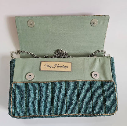 Handcrafted Shoulder Bag with Silver Chain, Luxe Teal & Ruby Beaded Purse, Boho Luxe Embroidered shoulder Bag, Colorful Sequin & Bead Clutch Purse