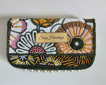 Art Deco Sequin & Pearl Clutch, Velvet-Lined Beaded Evening Bag, Statement Clutch with Pearl Fringe, Vintage-Inspired Beaded Purse